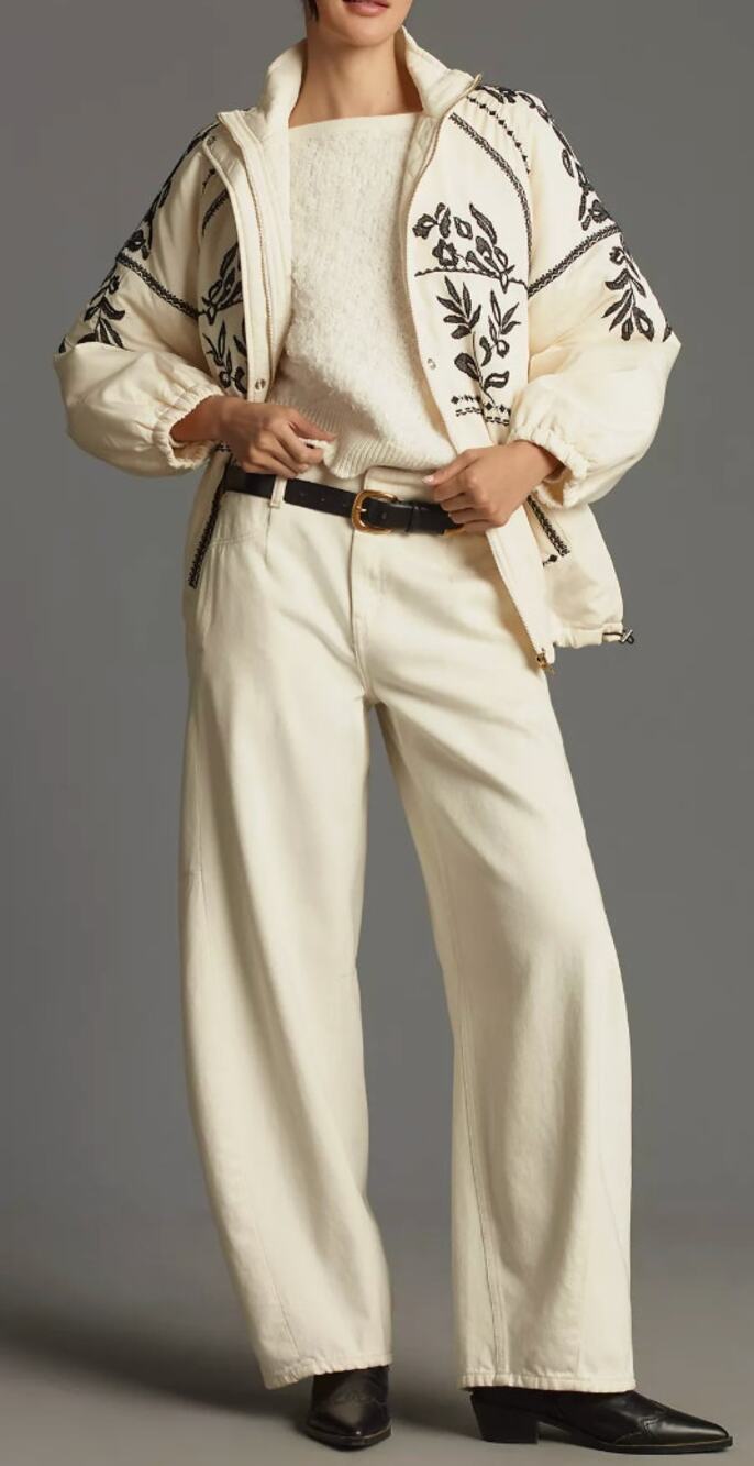 By Anthropologie Black Embroidered Ivory Puffer Coat XXS